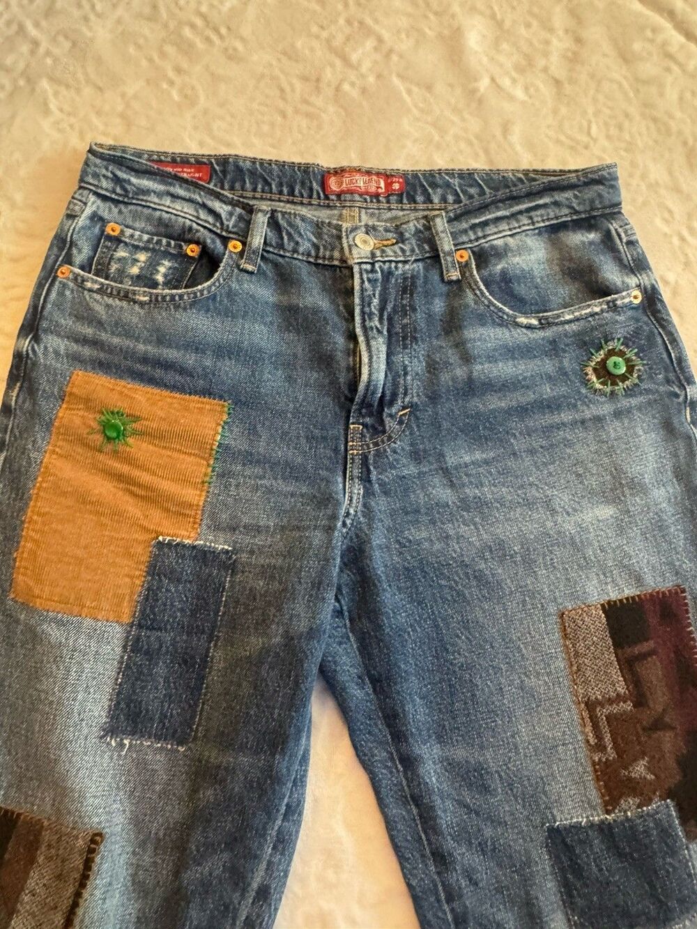 Lucky Legend Mid Rise Boyfriend High Bluff Patchwork Blue Denim Jeans Size 8/29 - Picture 8 of 13